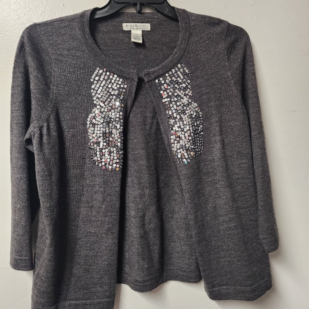 Susan Bristol XL 100 Italian Merino wool grey clasp cardigan silver sequins NWT